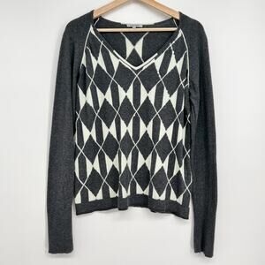 Lisa Todd Cotton Cashmere Blend Sweater Womens Medium Gray Cream Argyle Sequins